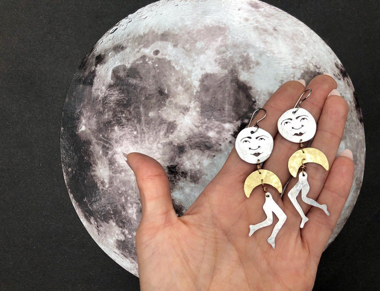 Handmade Sun and Leg Earrings: Mixed Metal Dangle Earrings