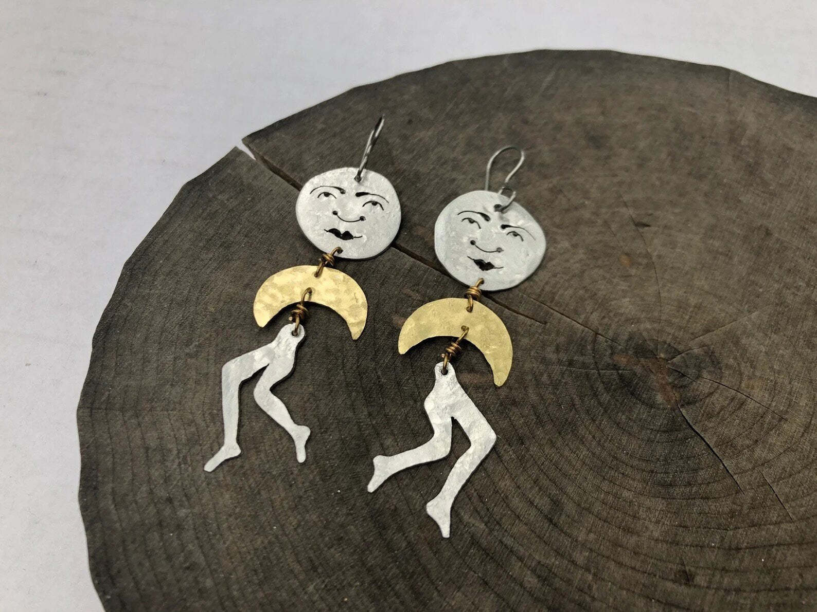Handmade Sun and Leg Earrings: Mixed Metal Dangle Earrings