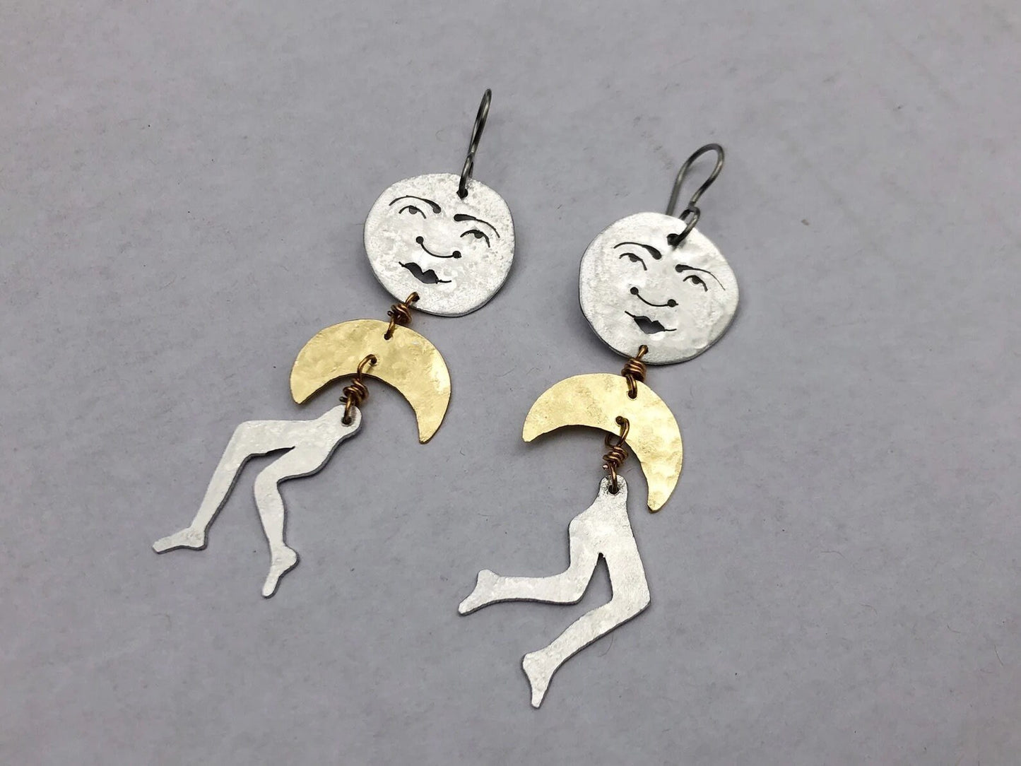 Handmade Sun and Leg Earrings: Mixed Metal Dangle Earrings