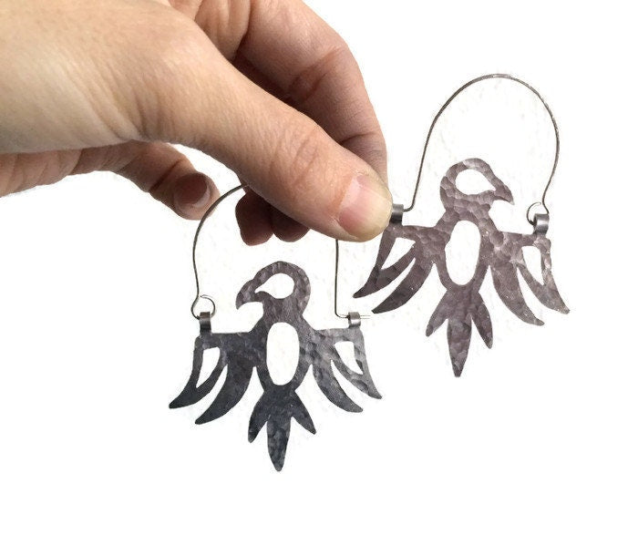 Handmade Thunderbird Hoop Earrings, Aluminum Bird Jewelry