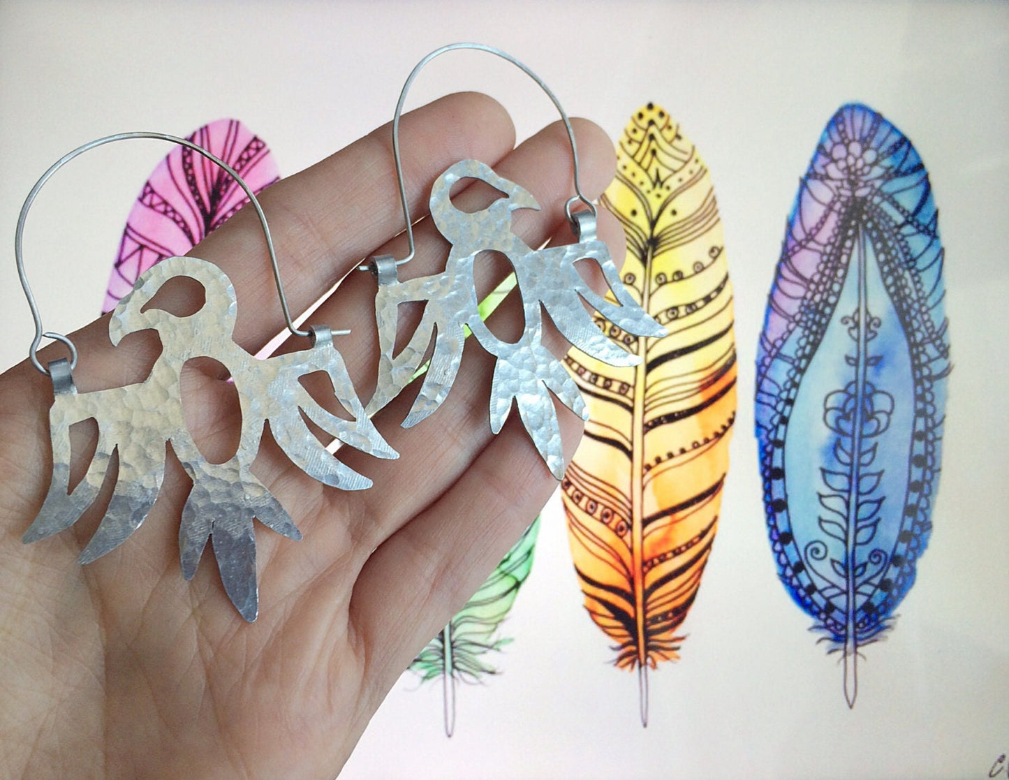 Handmade Thunderbird Hoop Earrings, Aluminum Bird Jewelry