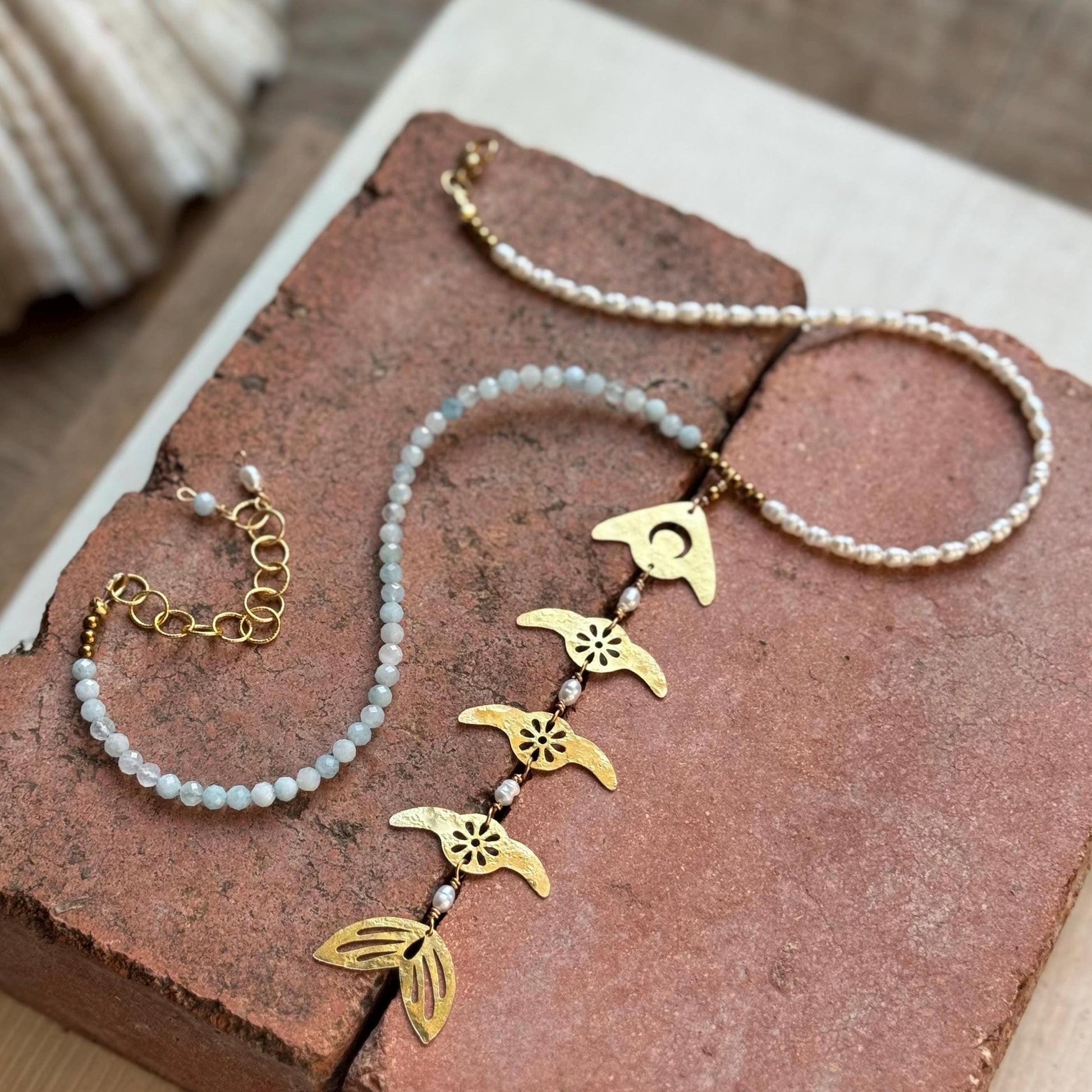 Handmade Brass Fish Skeleton Necklace, Aquamarine Pearls, Lariat Style Coastal Jewelry (18–20")