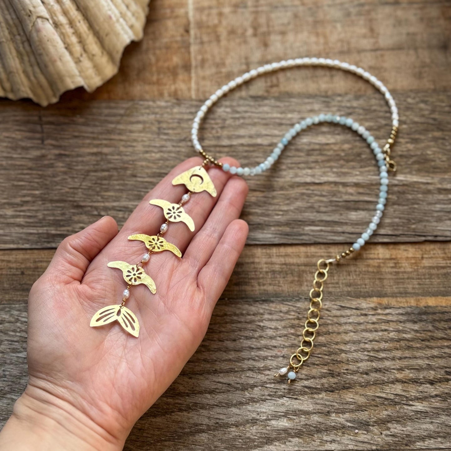 Handmade Brass Fish Skeleton Necklace, Aquamarine Pearls, Lariat Style Coastal Jewelry (18–20")