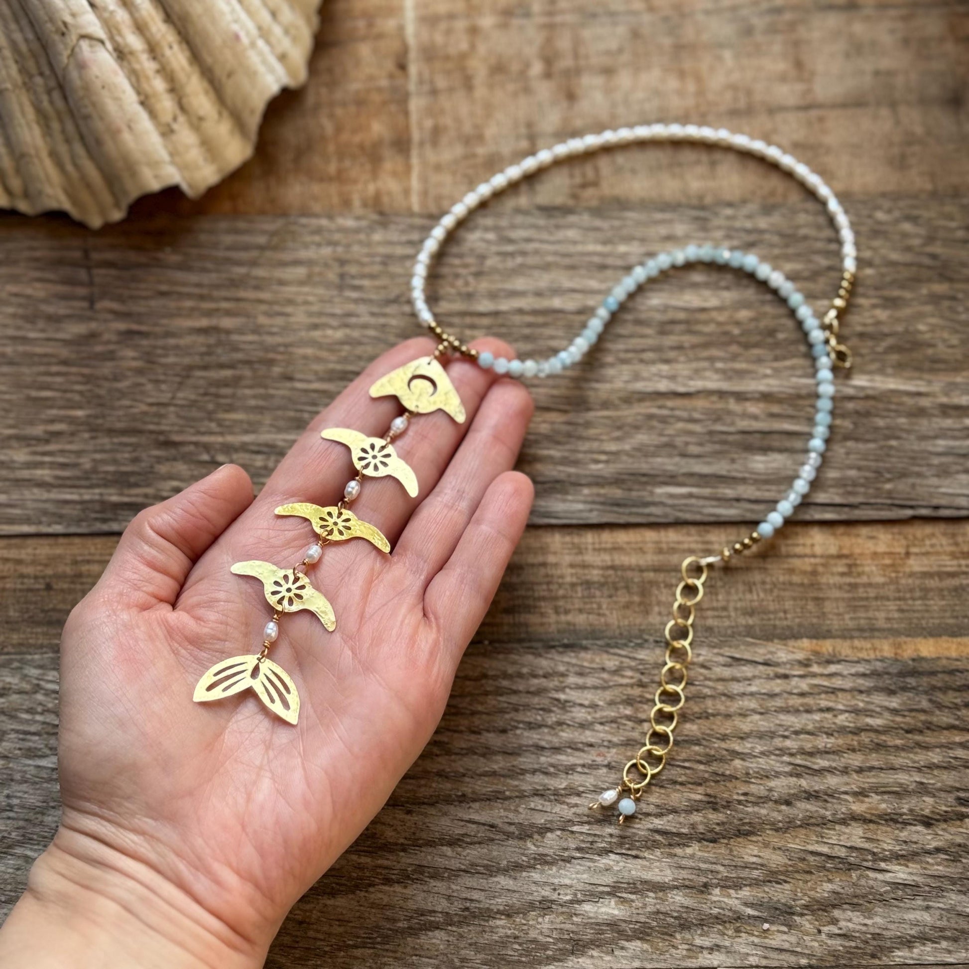 Handmade Brass Fish Skeleton Necklace, Aquamarine Pearls, Lariat Style Coastal Jewelry (18–20")