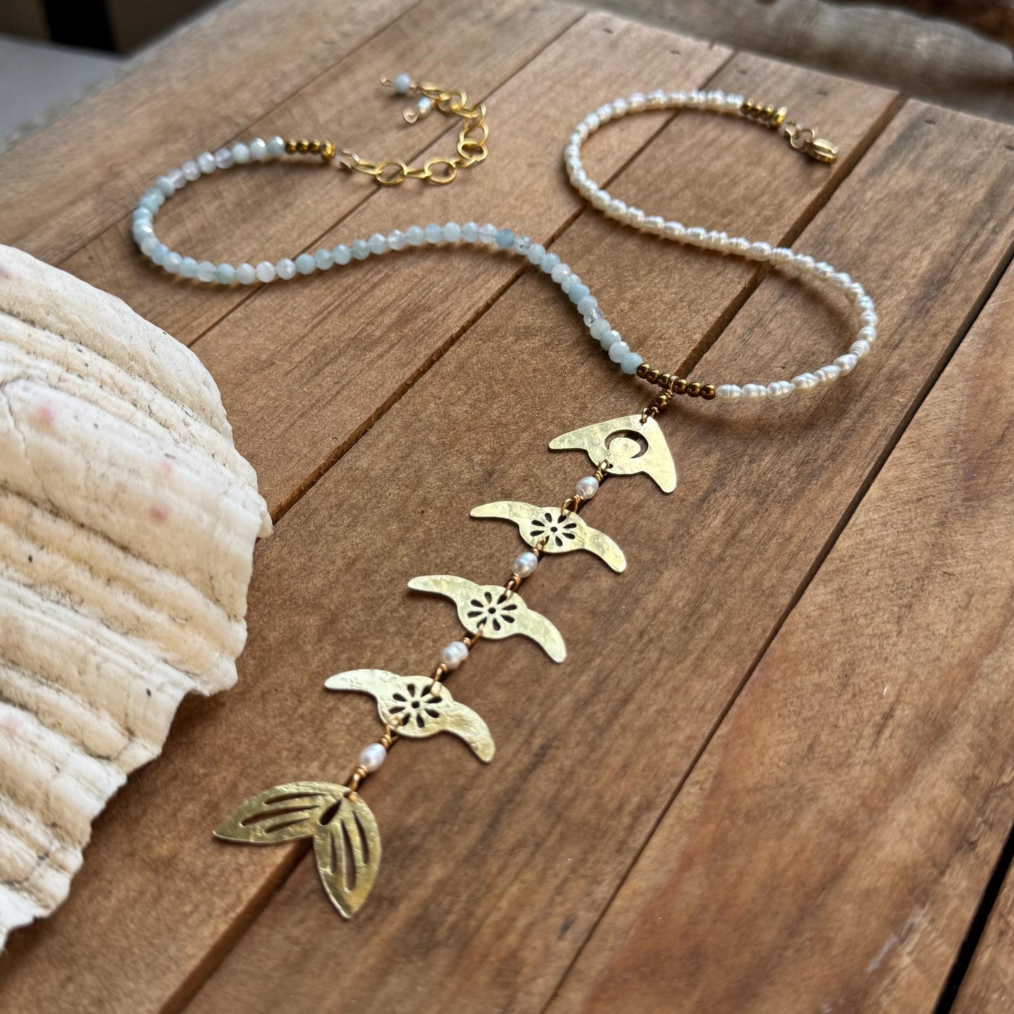 Handmade Brass Fish Skeleton Necklace, Aquamarine Pearls, Lariat Style Coastal Jewelry (18–20")