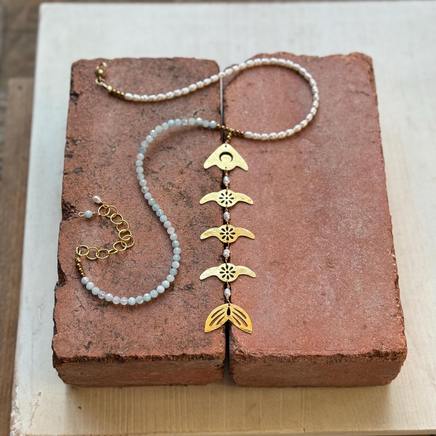 Handmade Brass Fish Skeleton Necklace, Aquamarine Pearls, Lariat Style Coastal Jewelry (18–20")