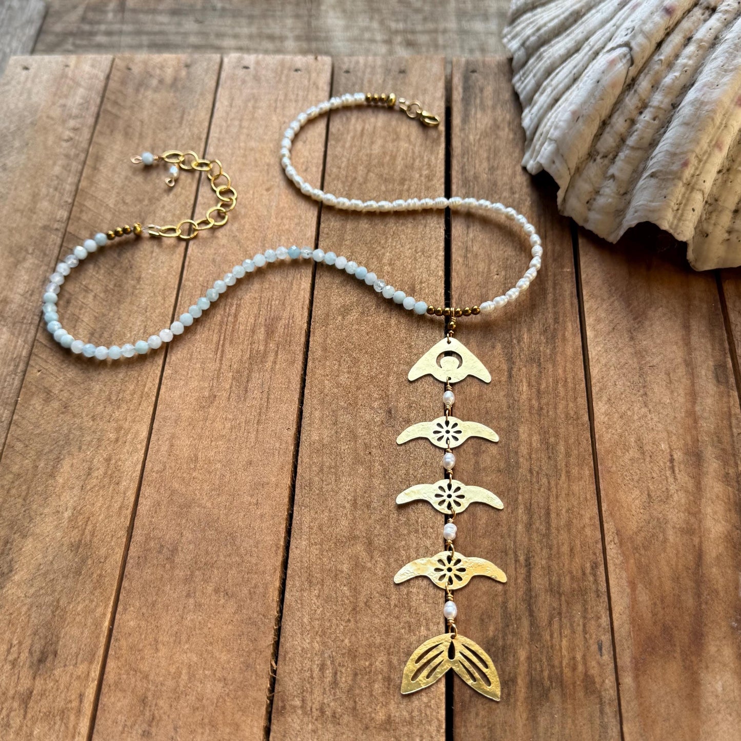 Handmade Brass Fish Skeleton Necklace, Aquamarine Pearls, Lariat Style Coastal Jewelry (18–20")