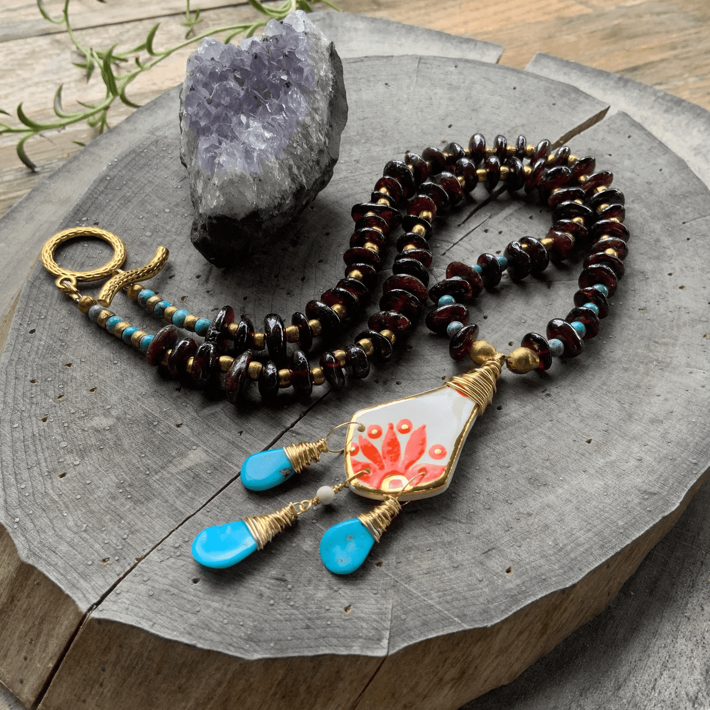 Floral Folk ceramic pendant and Garnet necklace