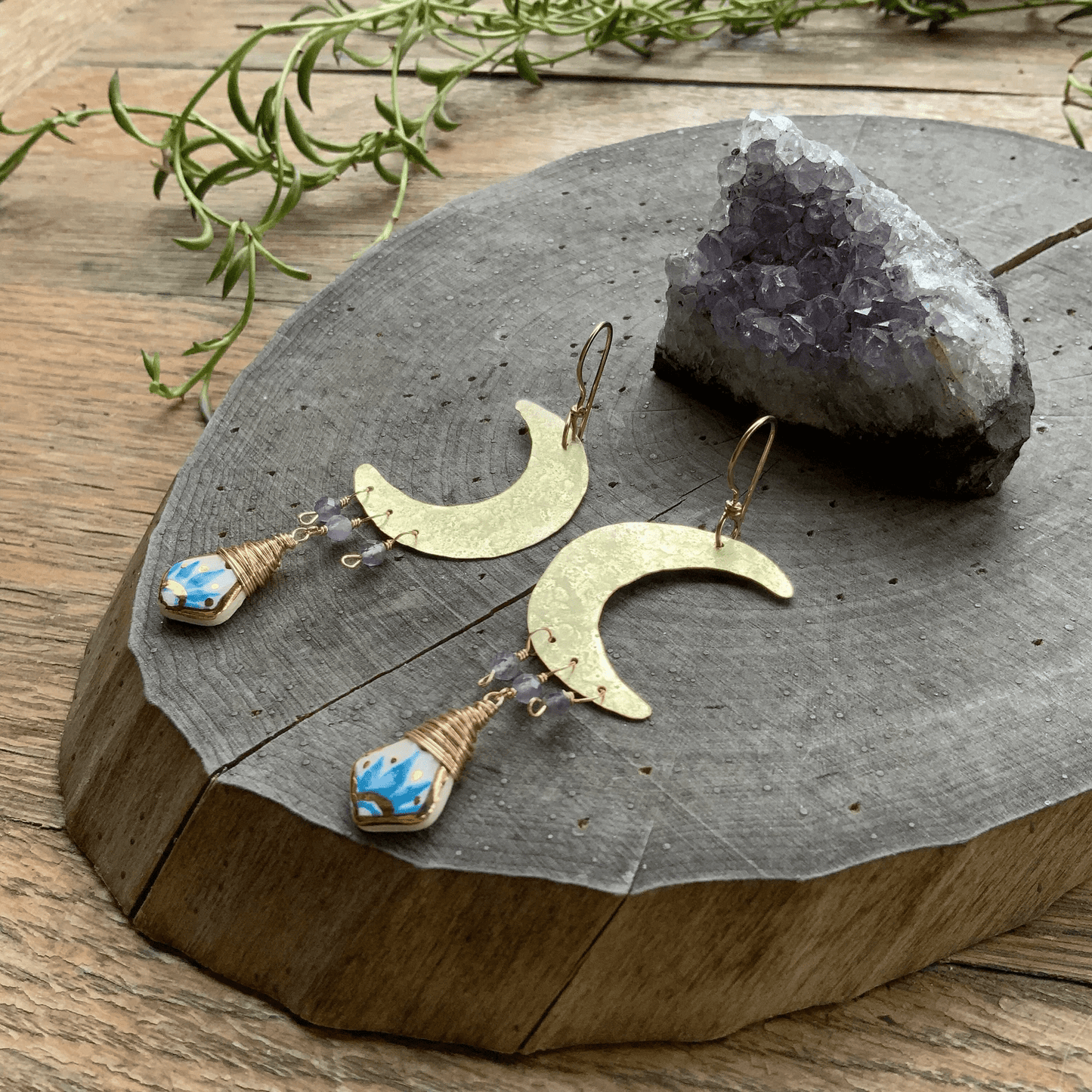 Brass moon and folk ceramic drop earrings