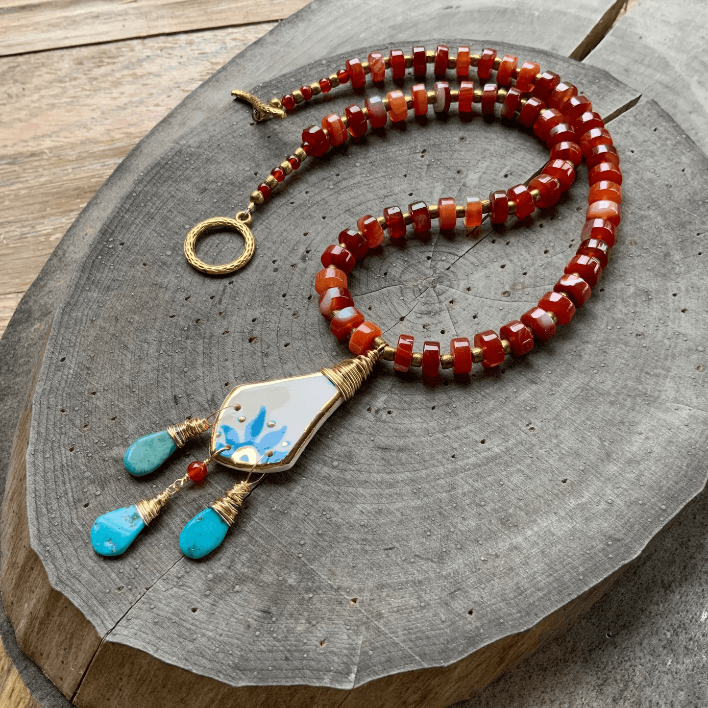 Folk art ceramic pendant and Carnelian necklace, Mexican pottery inspired