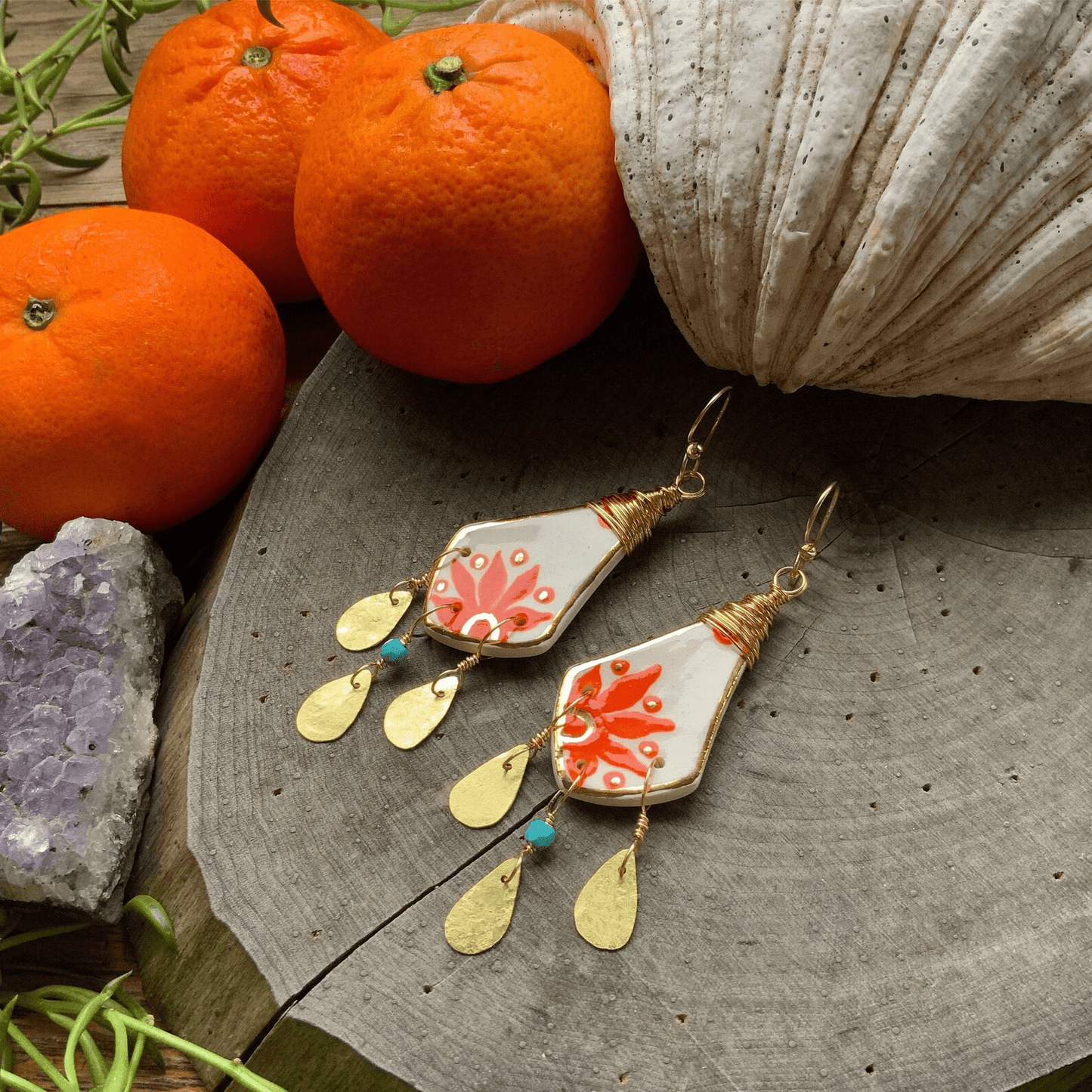 Folk art orange flower ceramic bead and brass earrings