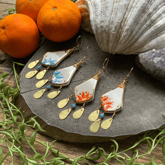Folk art orange flower ceramic bead and brass earrings