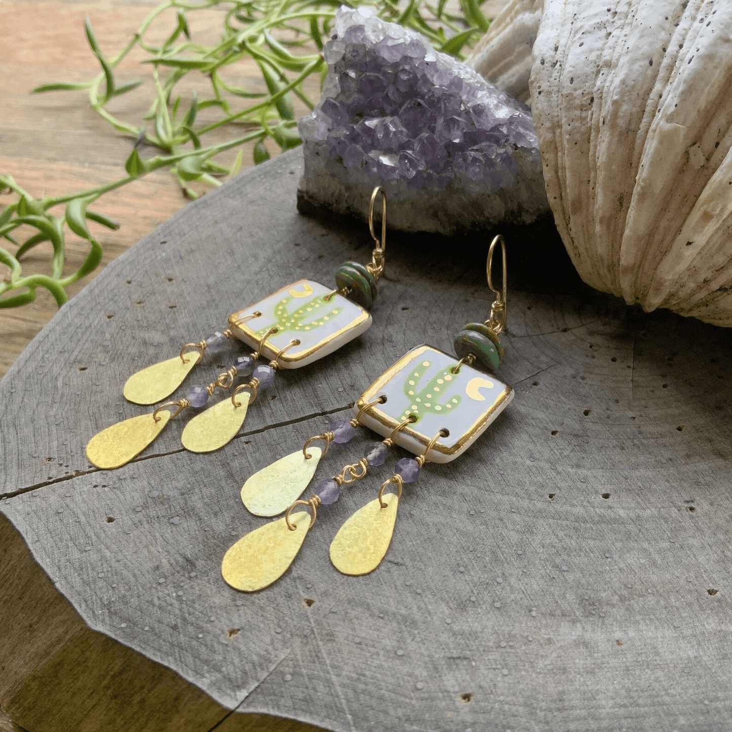Moonlit Saguaro cactus and brass drop earrings