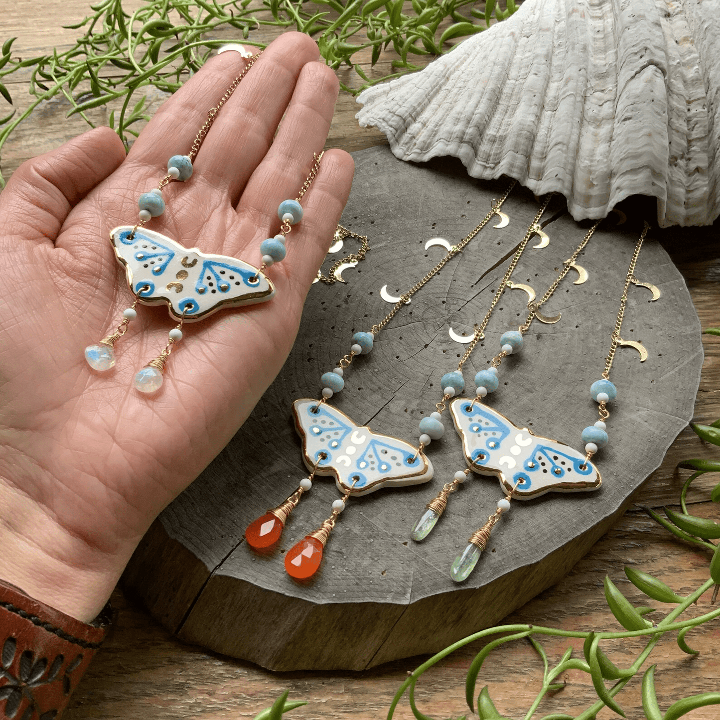 Celestial ceramic moth and larimar necklace