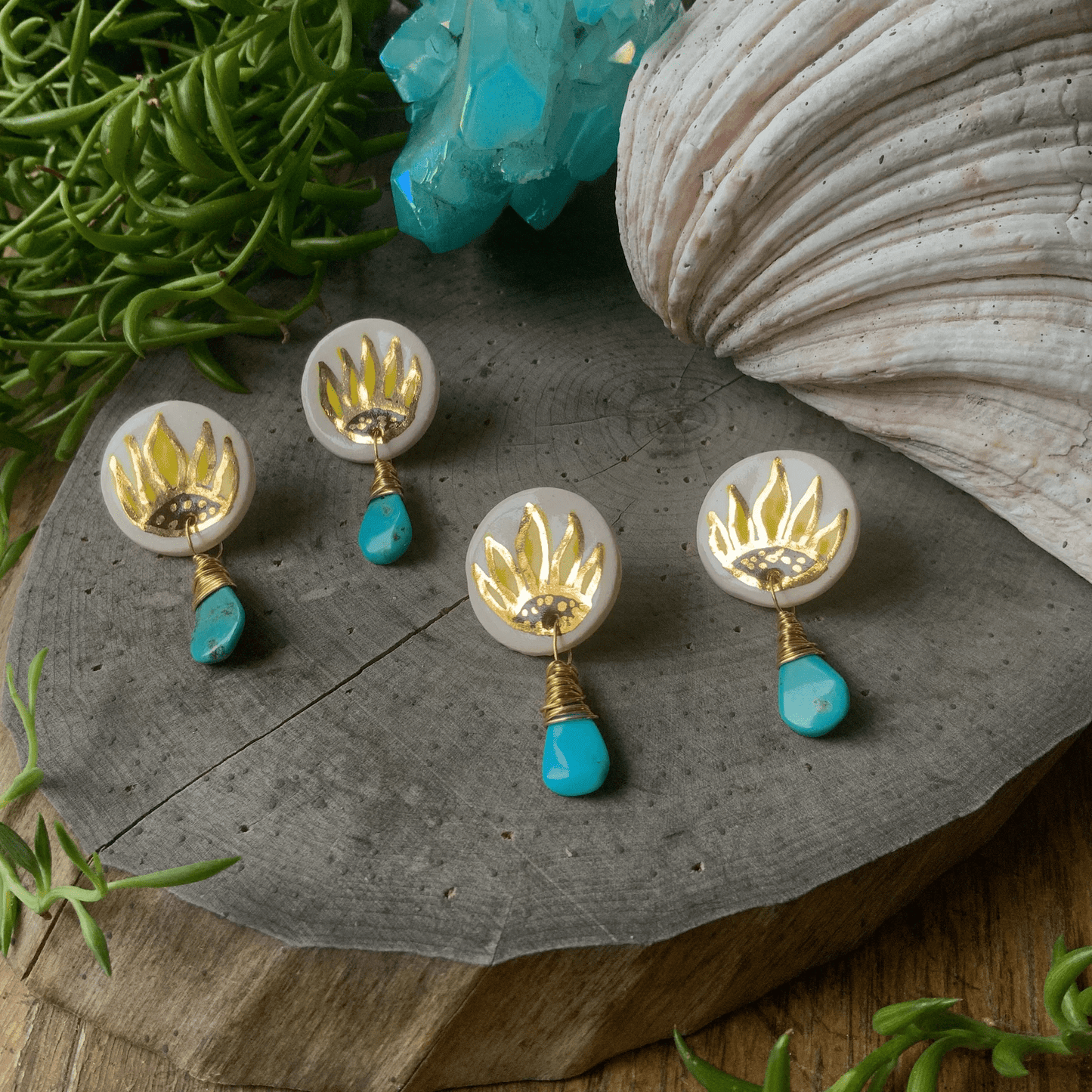 Ceramic folk sunflower and genuine turquoise post earrings