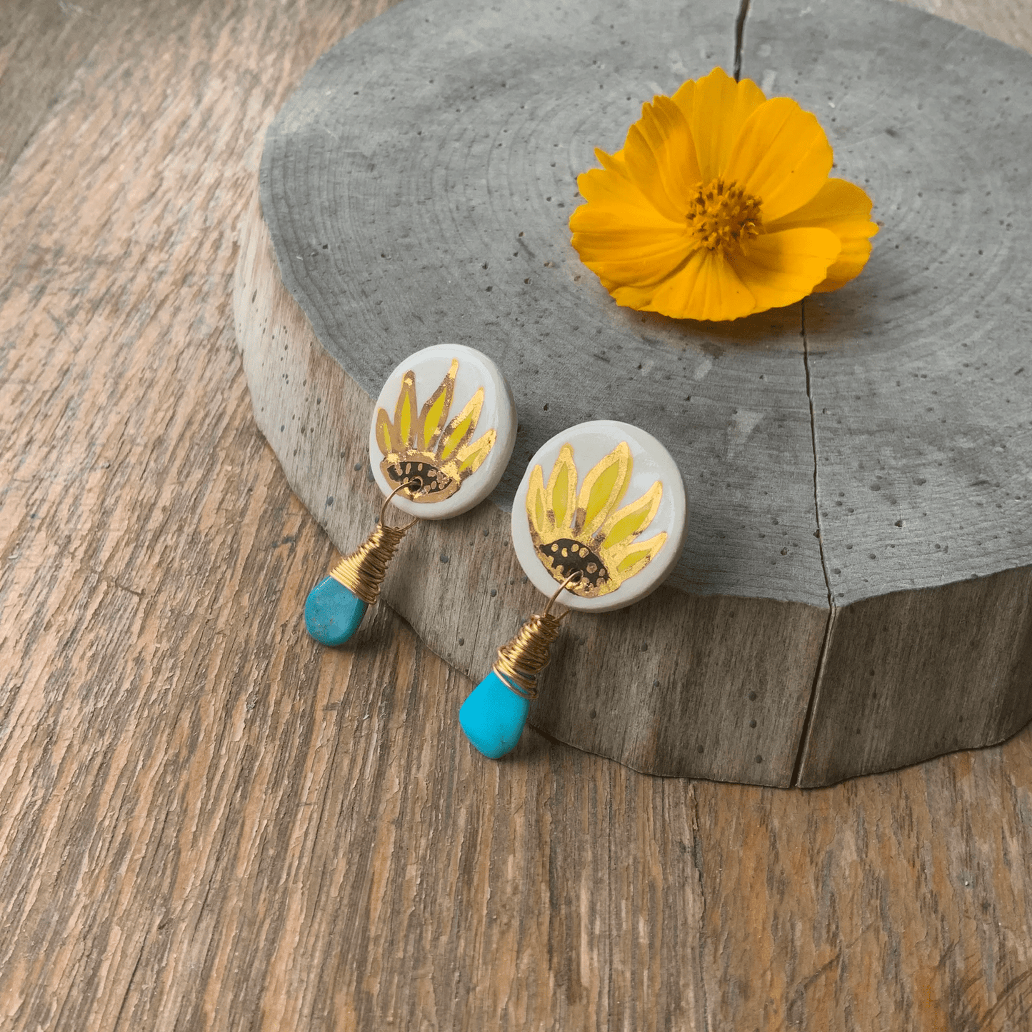 Ceramic folk sunflower and genuine turquoise post earrings