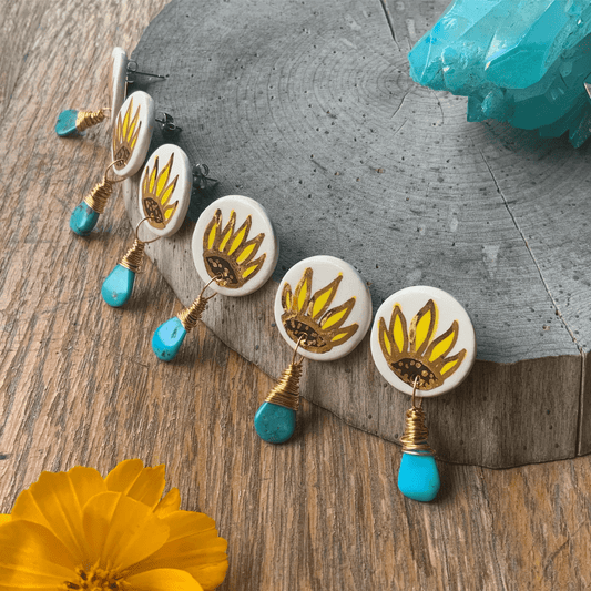 Ceramic folk sunflower and genuine turquoise post earrings