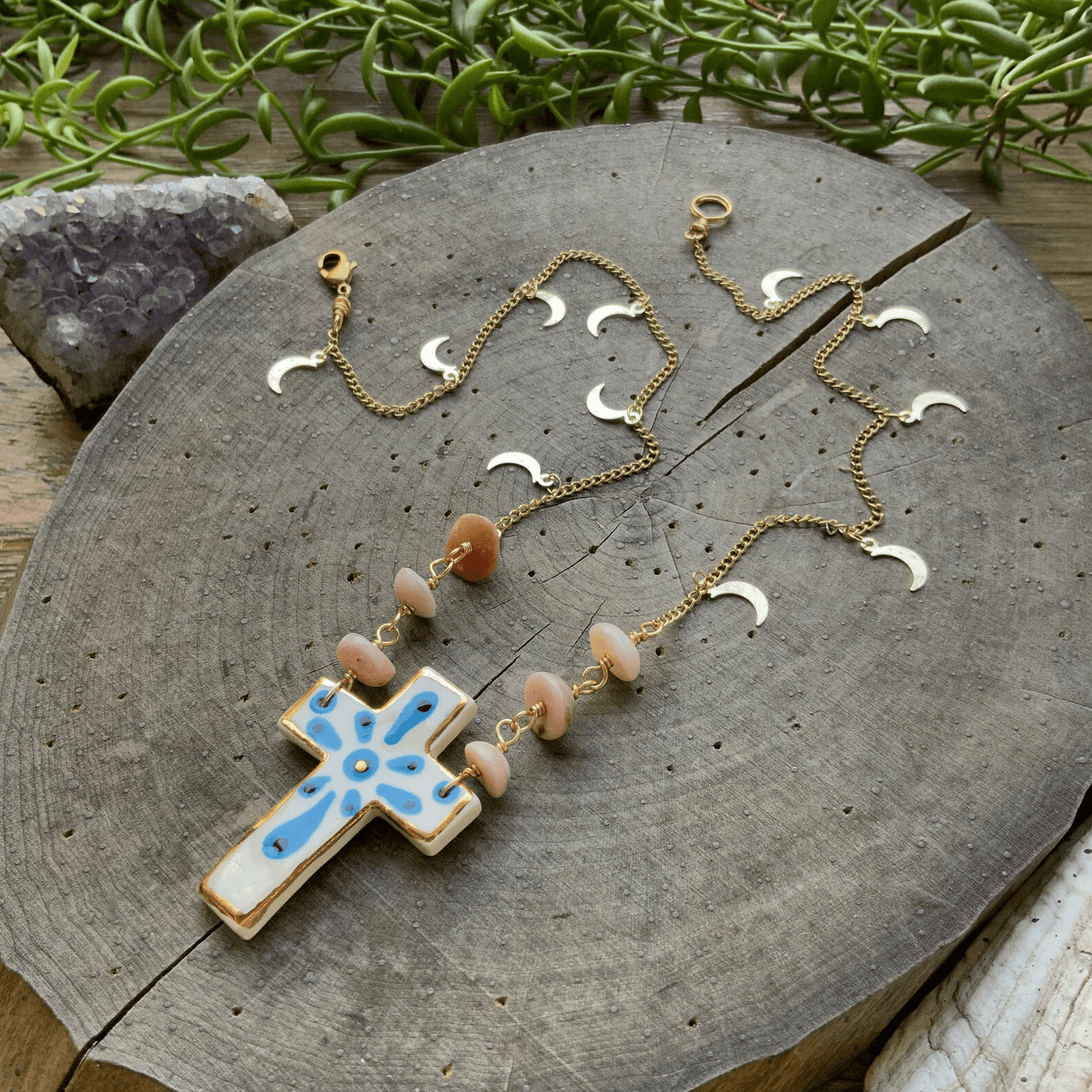 Ceramic folk cross and pink opal pendant necklace