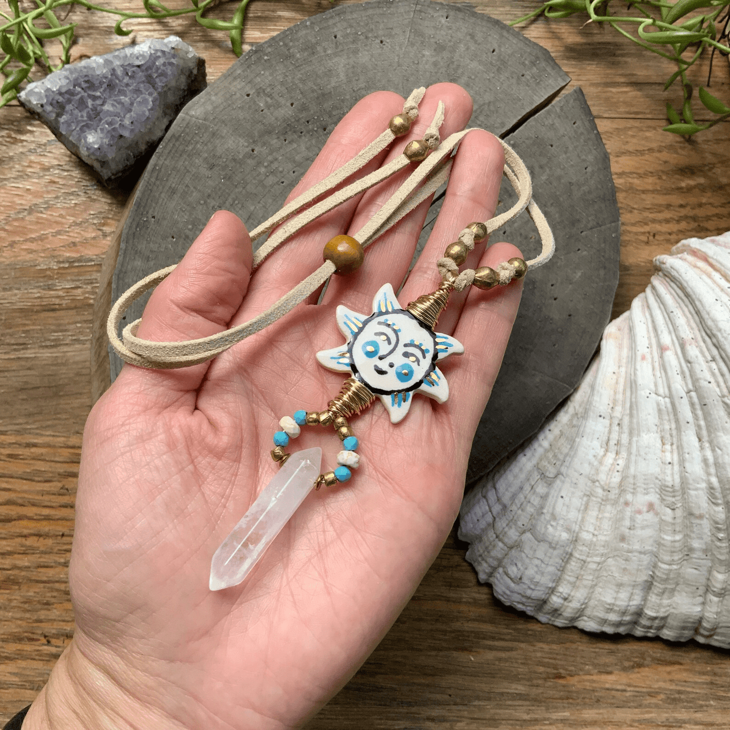 Folk art ceramic Sun and Crystal point necklace on beige vegan suede cord