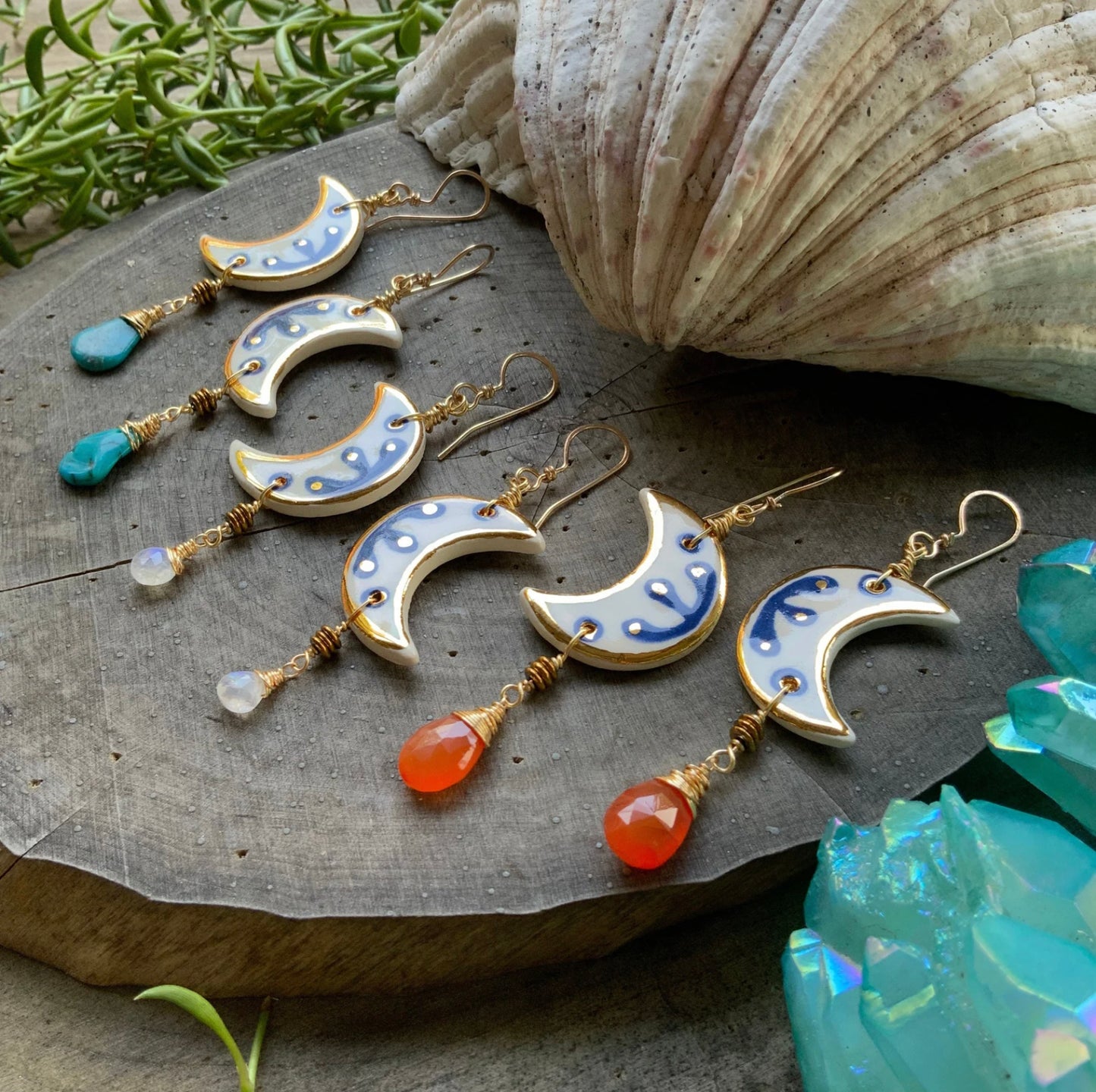 Indigo ceramic Luna and rainbow moonstone earrings