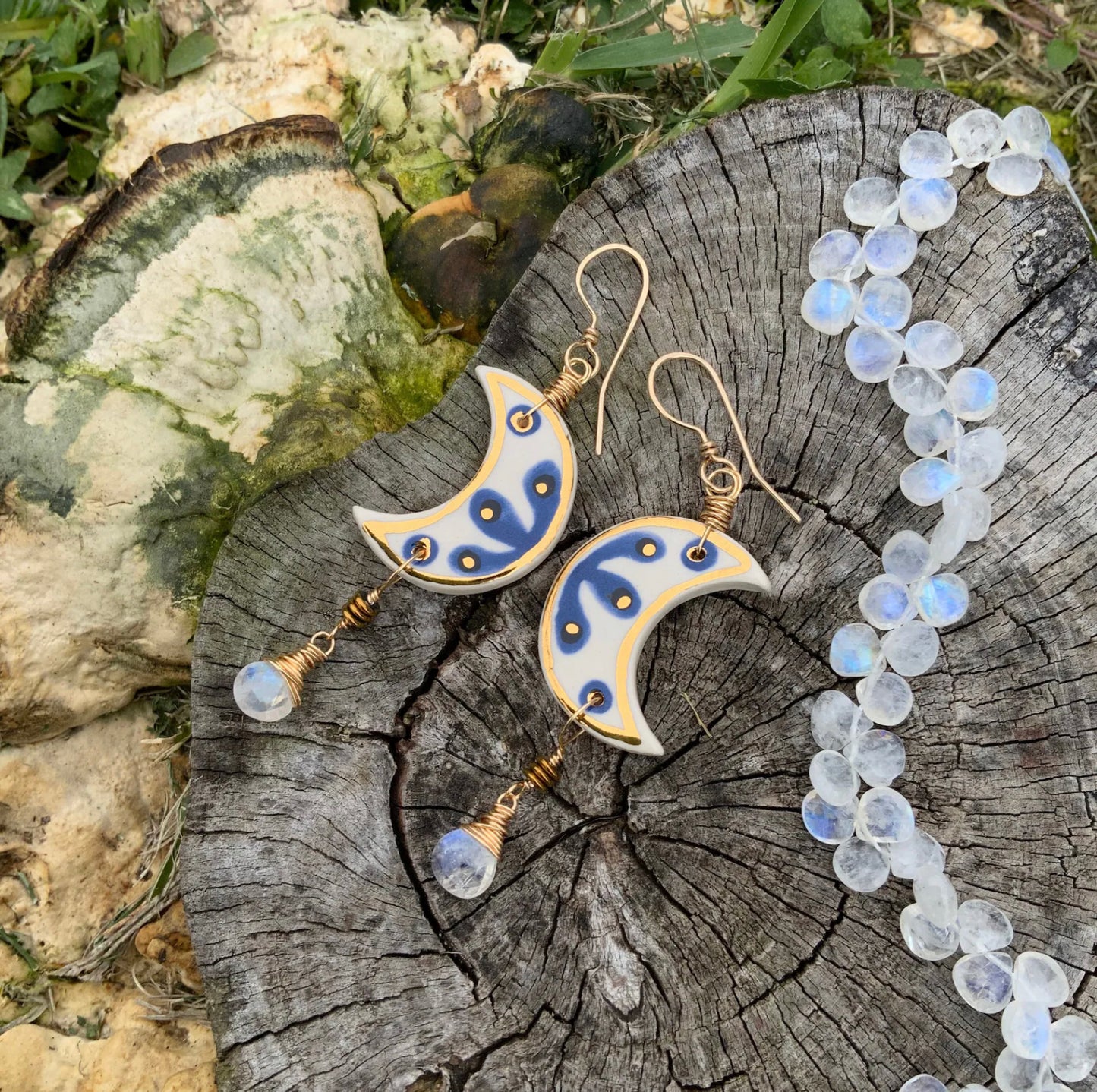 Indigo ceramic Luna and rainbow moonstone earrings