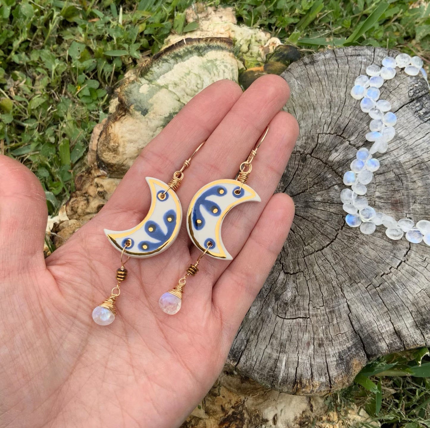 Indigo ceramic Luna and rainbow moonstone earrings
