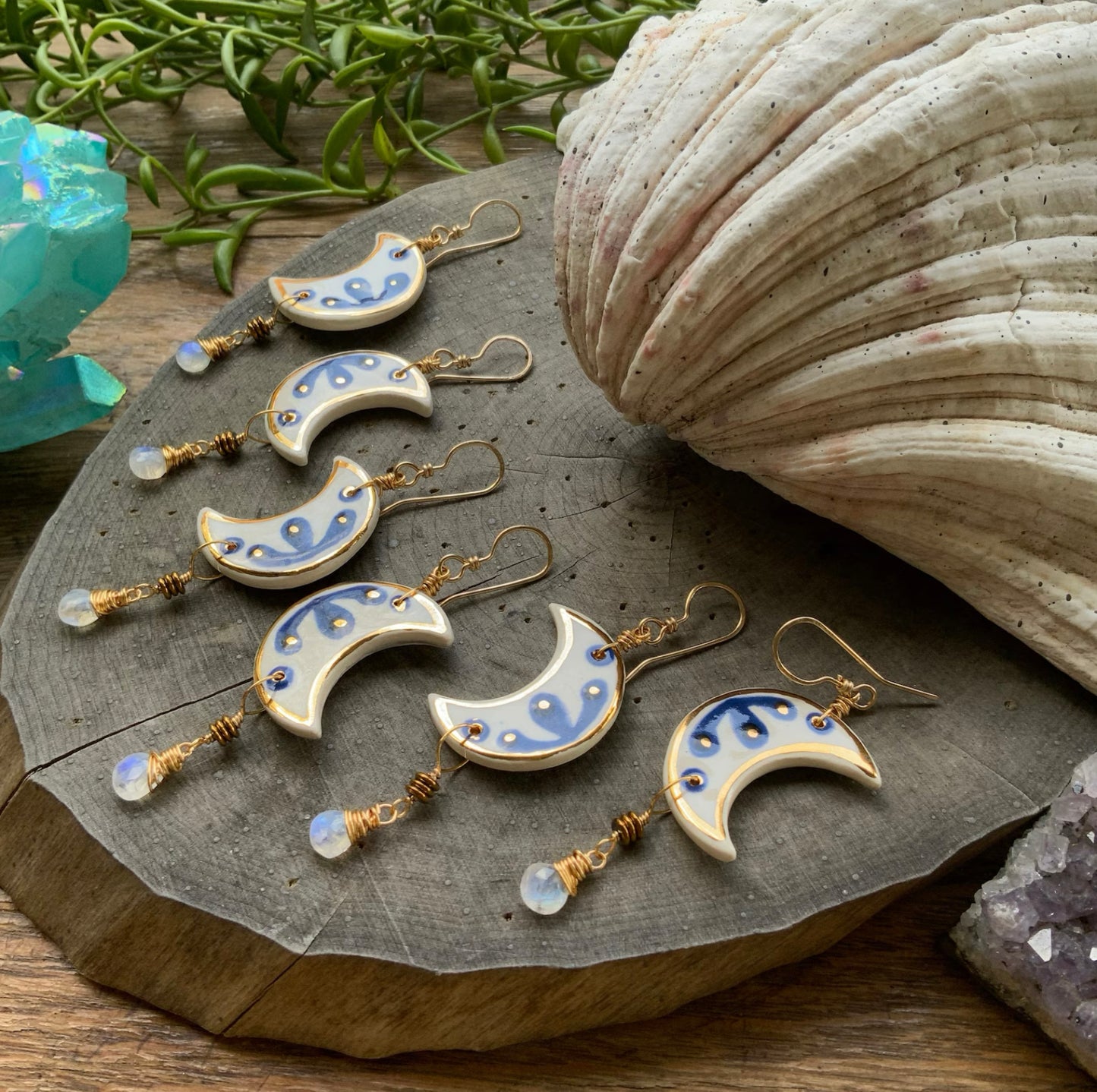 Indigo ceramic Luna and rainbow moonstone earrings