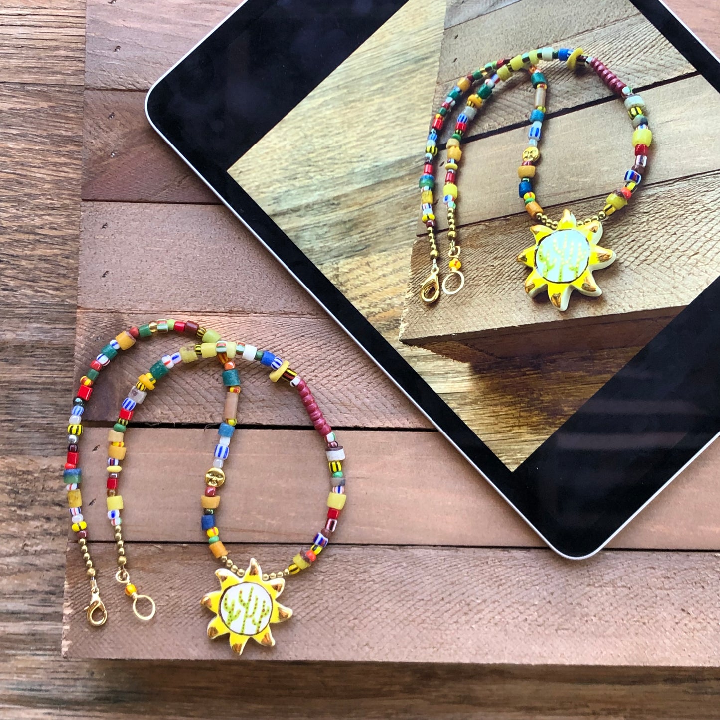 Saguaro Sunshine ceramic bead and colorful glass necklace