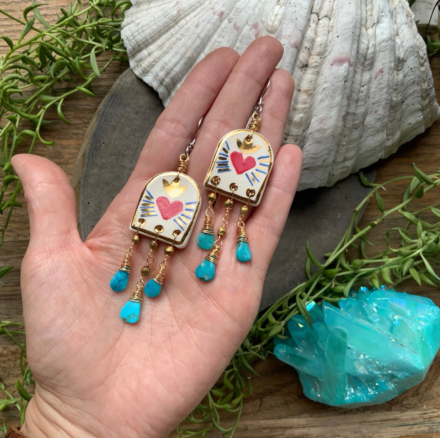 Ceramic milagros and genuine turquoise earrings