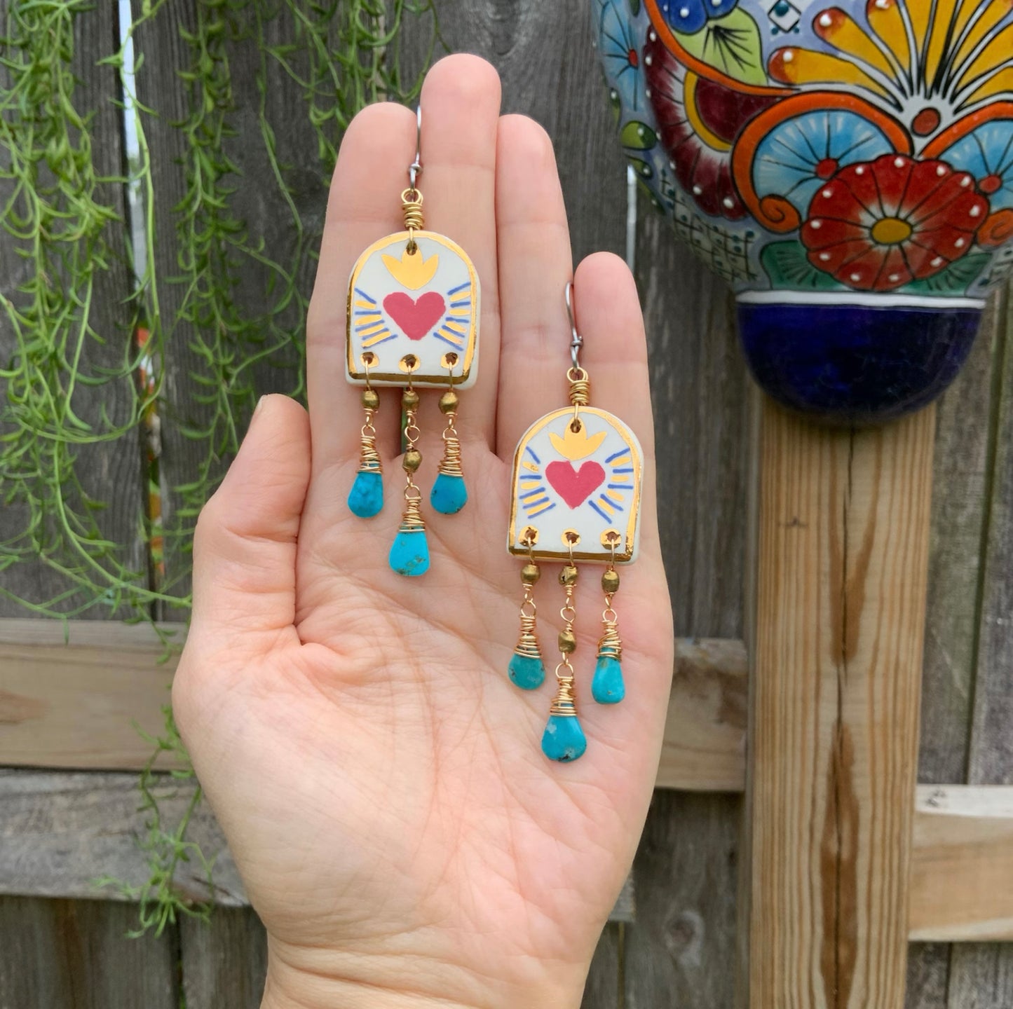 Ceramic milagros and genuine turquoise earrings