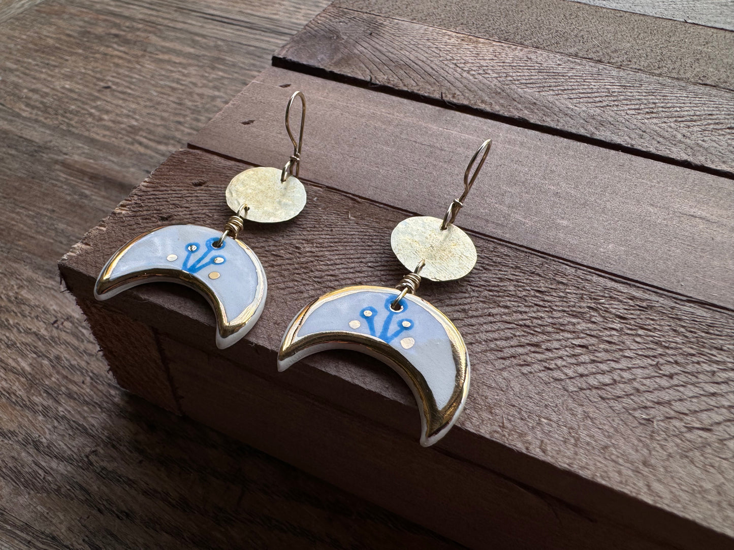 Ceramic Crescent moon and brass coin earrings