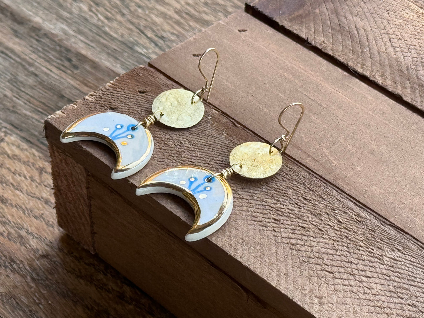 Ceramic Crescent moon and brass coin earrings