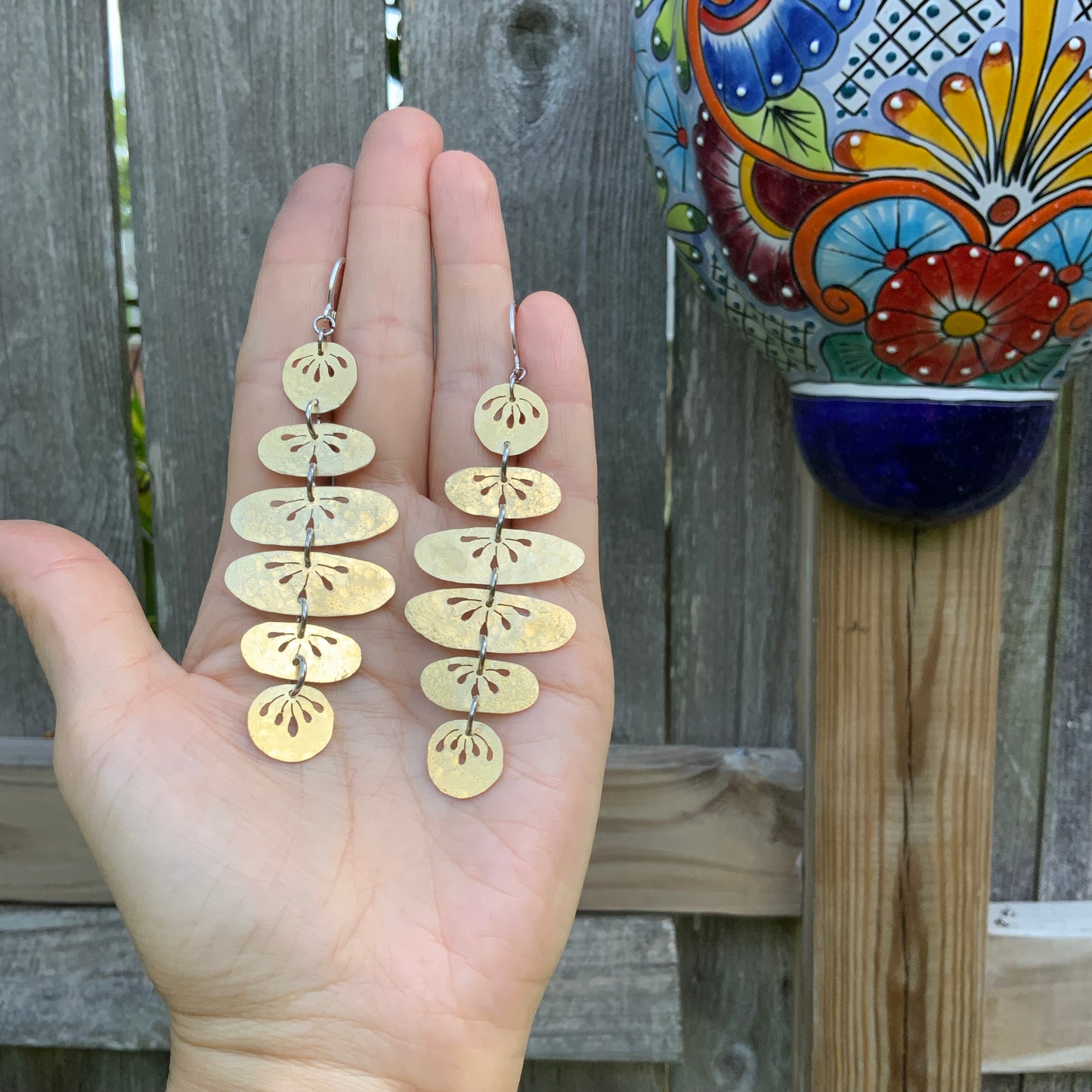 Floral Folklore River Rock drop earrings, hammered brass floral oval earrings