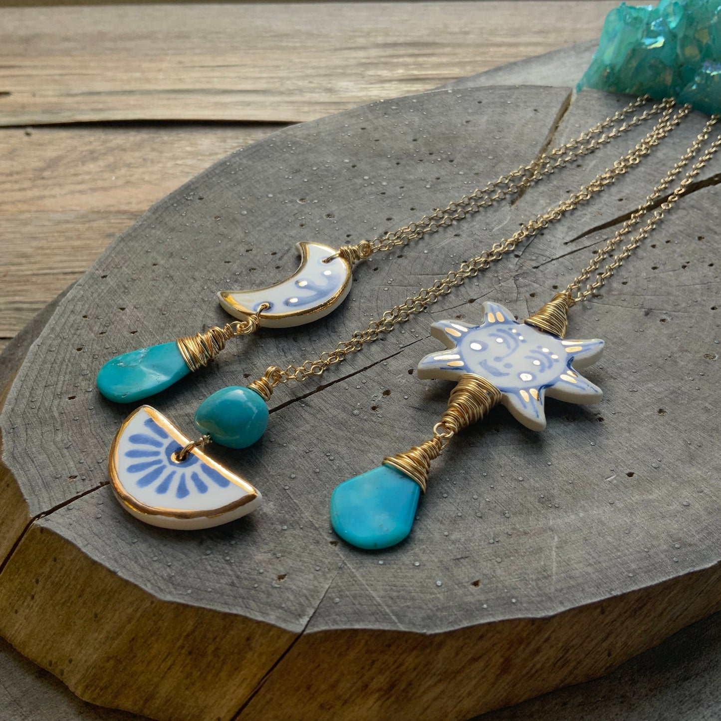 Ceramic Folk Sun and genuine turquoise Charm Necklace