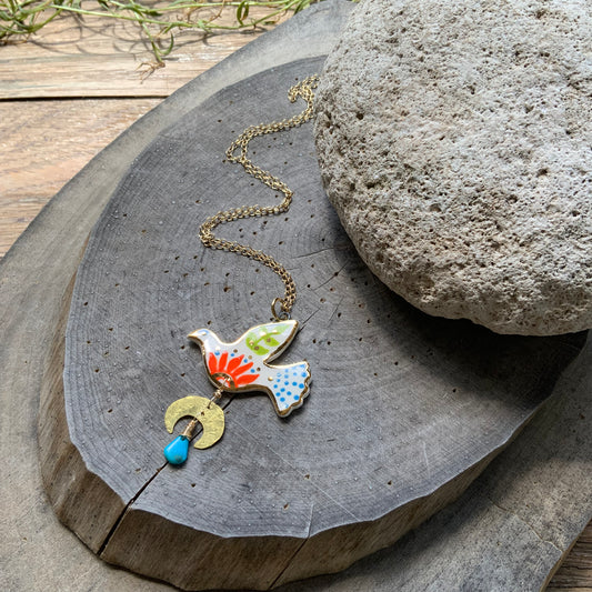 Celestial Ceramic bird pendant necklace, Ceramic Bird with orange flower Charm Necklace