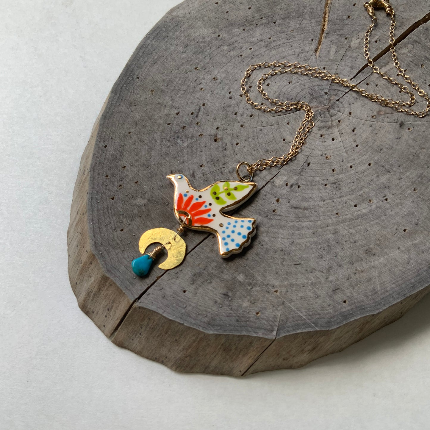 Celestial Ceramic bird pendant necklace, Ceramic Bird with orange flower Charm Necklace