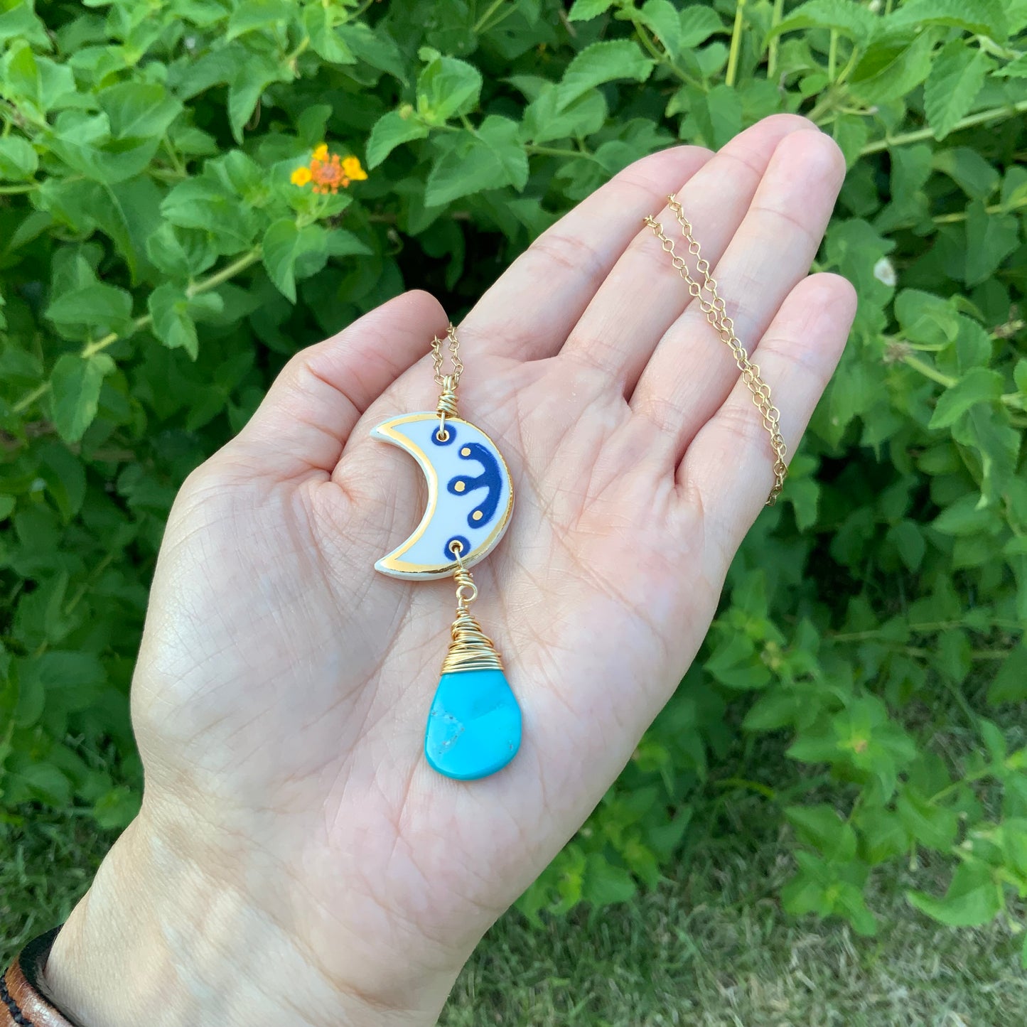 Ceramic Moon and genuine turquoise Charm Necklace