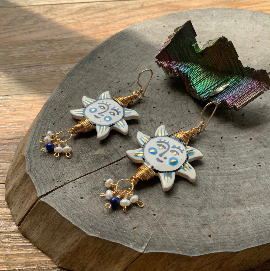 Folk art sun and freshwater pearl cluster earrings