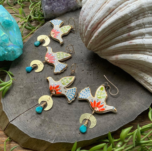 Ceramic Pajarito and brass crescent moon earrings