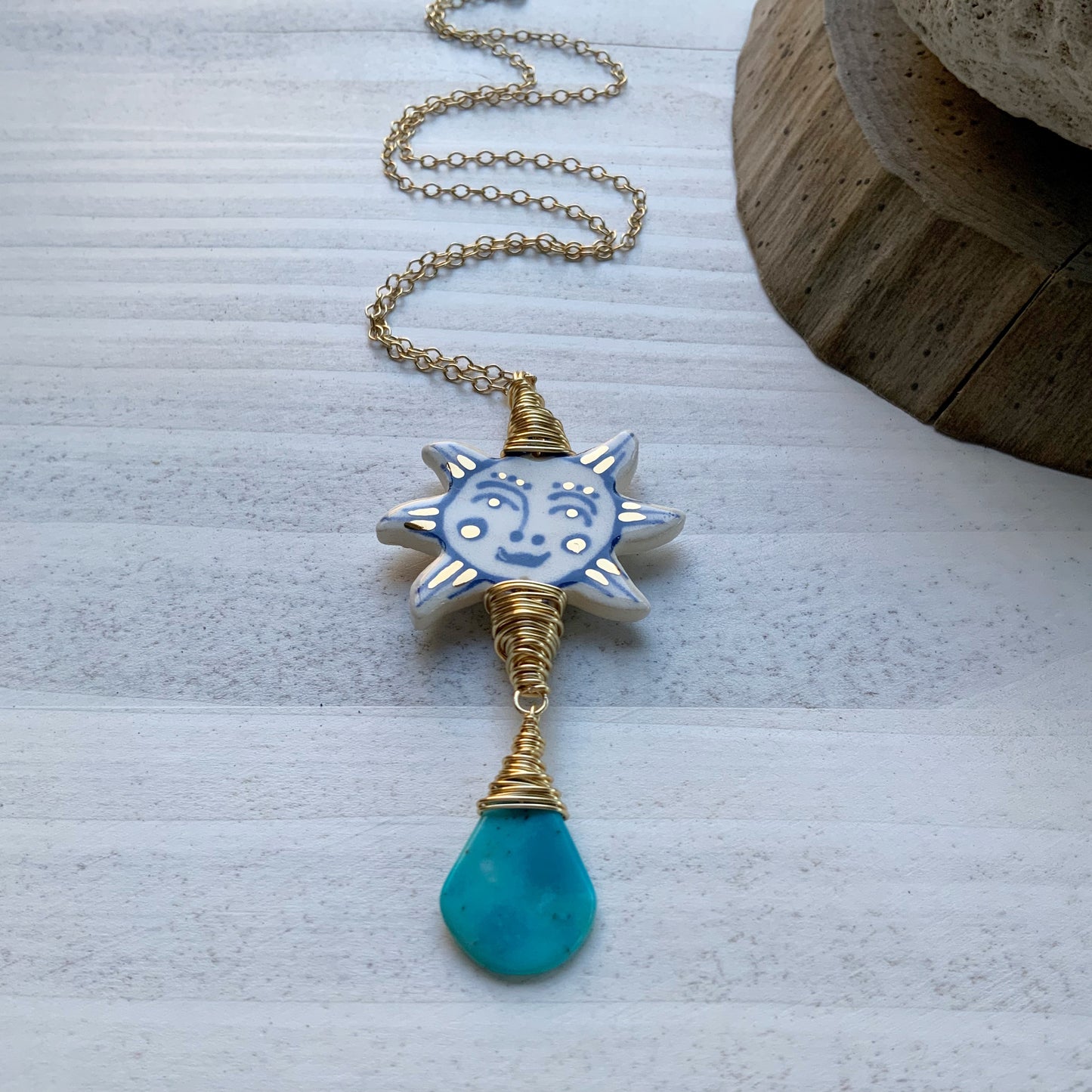 Ceramic Folk Sun and genuine turquoise Charm Necklace