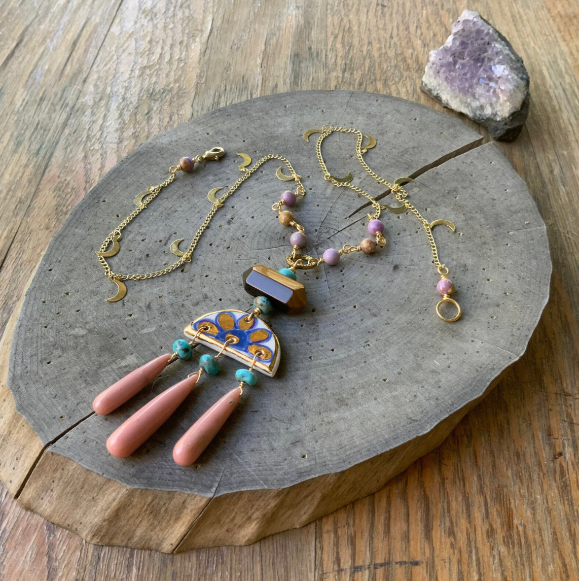 Ceramic indigo folk window and pink opal drop pendant necklace