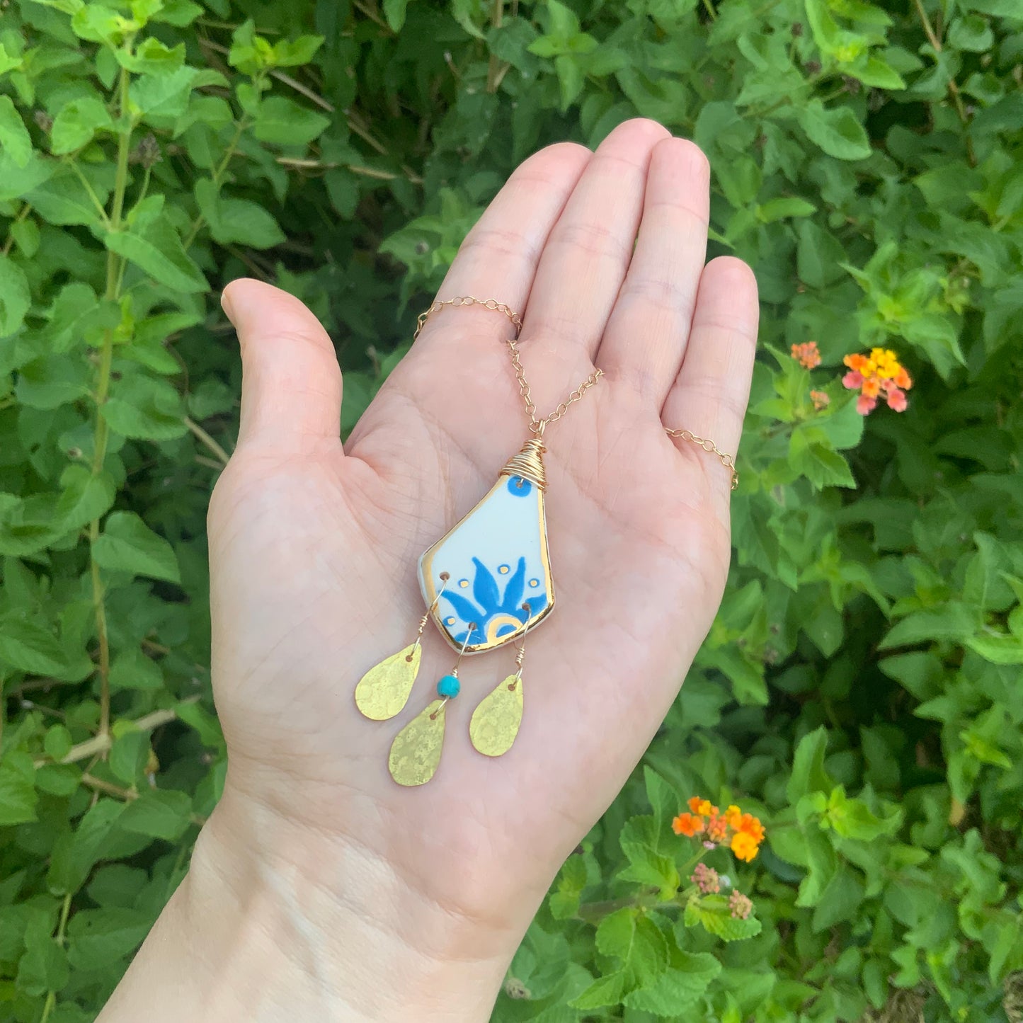 Ceramic Folk Flower and raw brass drop Charm Necklace