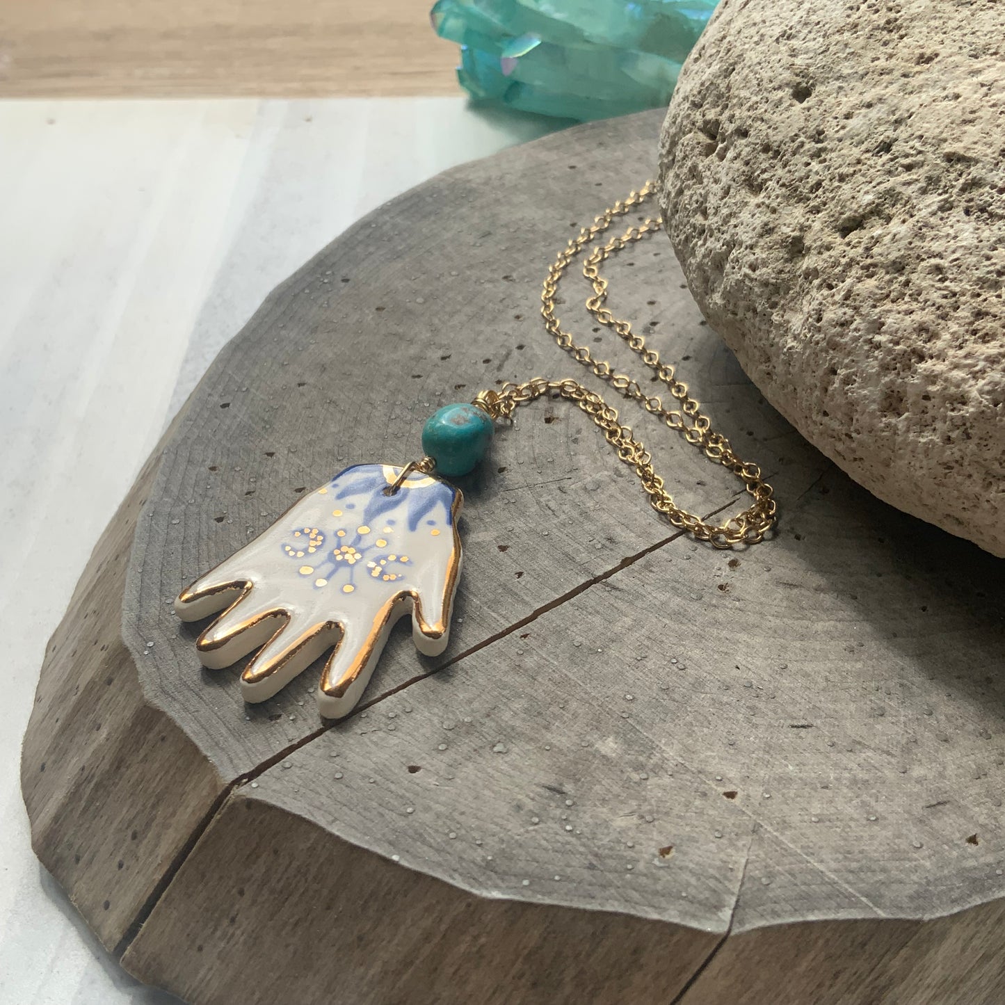 Mystical ceramic hand and genuine turquoise nugget Charm Necklace