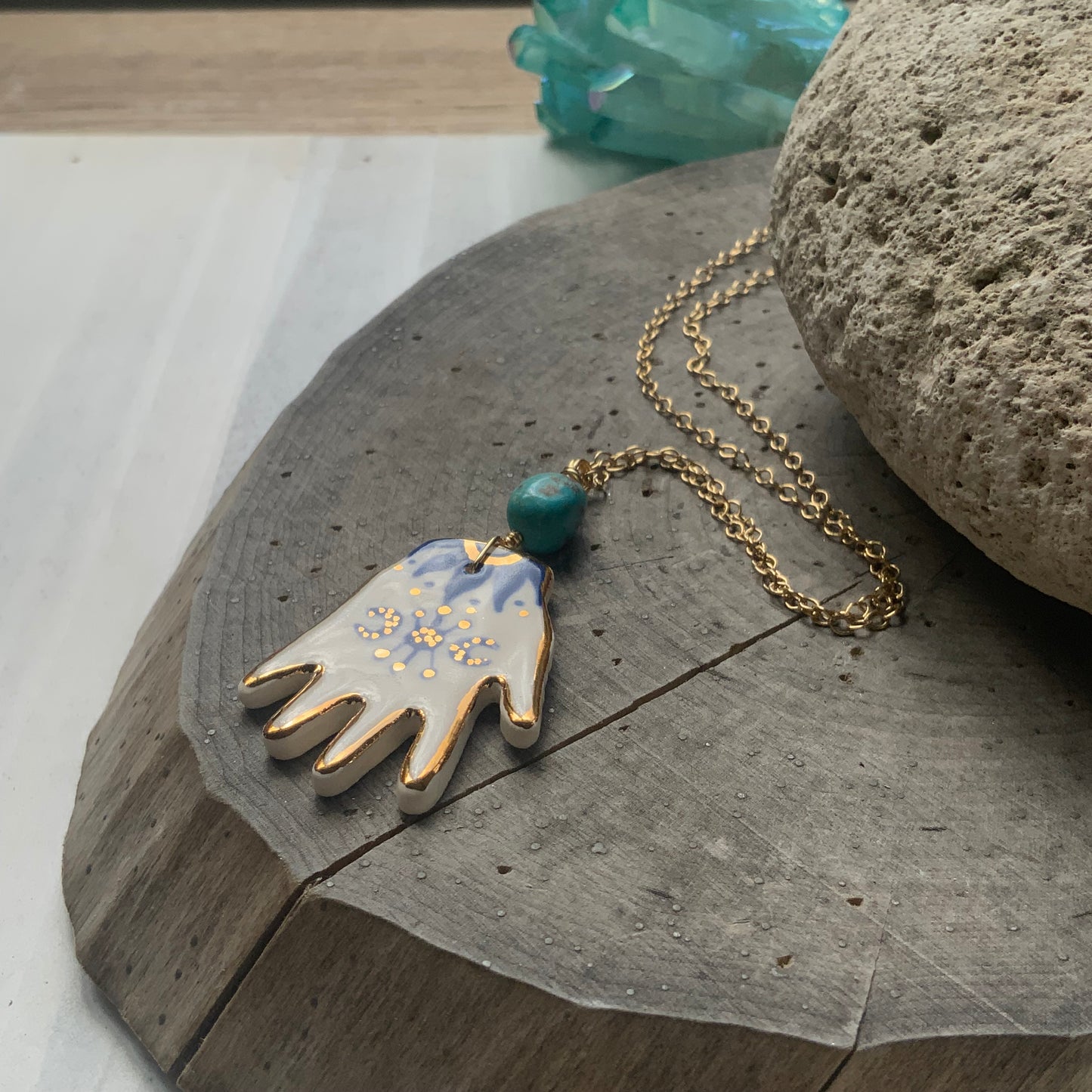 Mystical ceramic hand and genuine turquoise nugget Charm Necklace