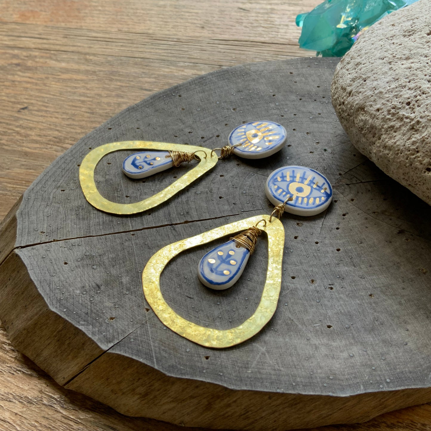 Ceramic Blue OJO and raw brass drop earrings