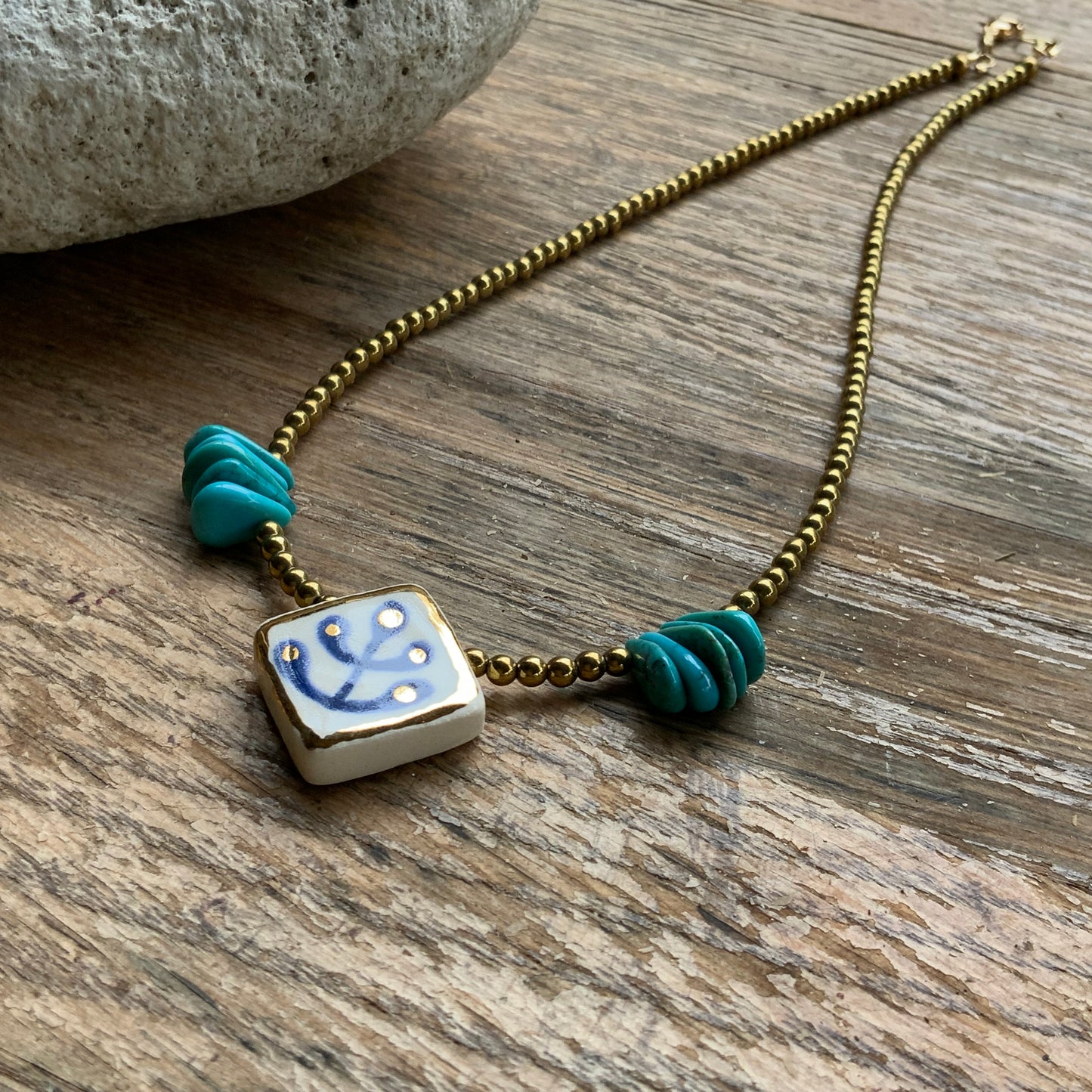 Ceramic Modern Indigo flower and genuine turquoise necklace