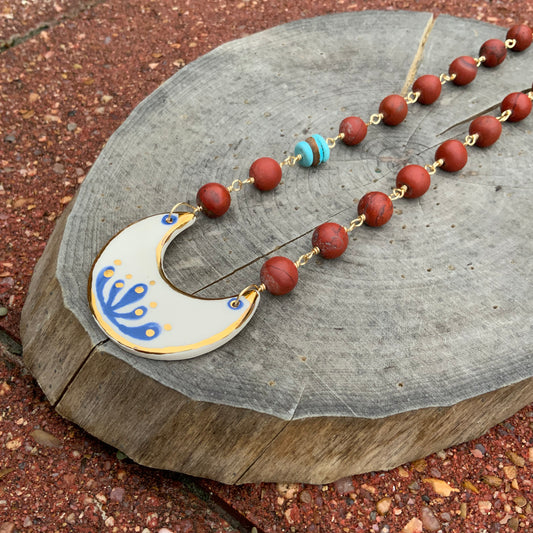 Ceramic crescent moon and matte red jasper necklace