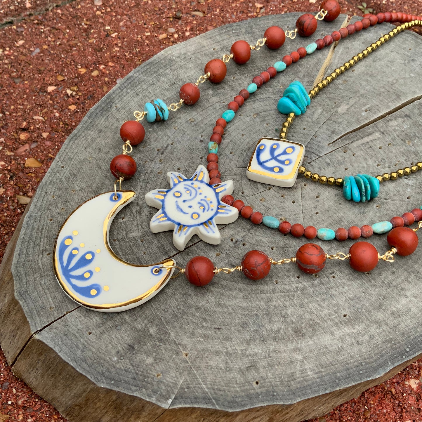 Ceramic Modern Indigo flower and genuine turquoise necklace