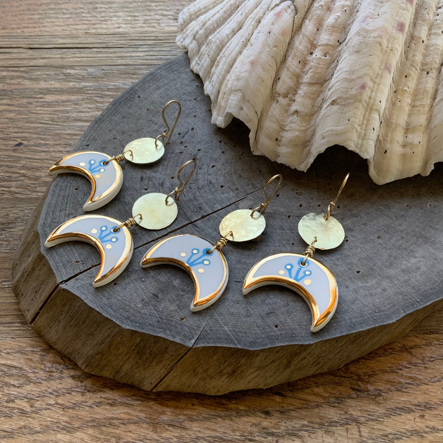 Ceramic Crescent moon and brass coin earrings