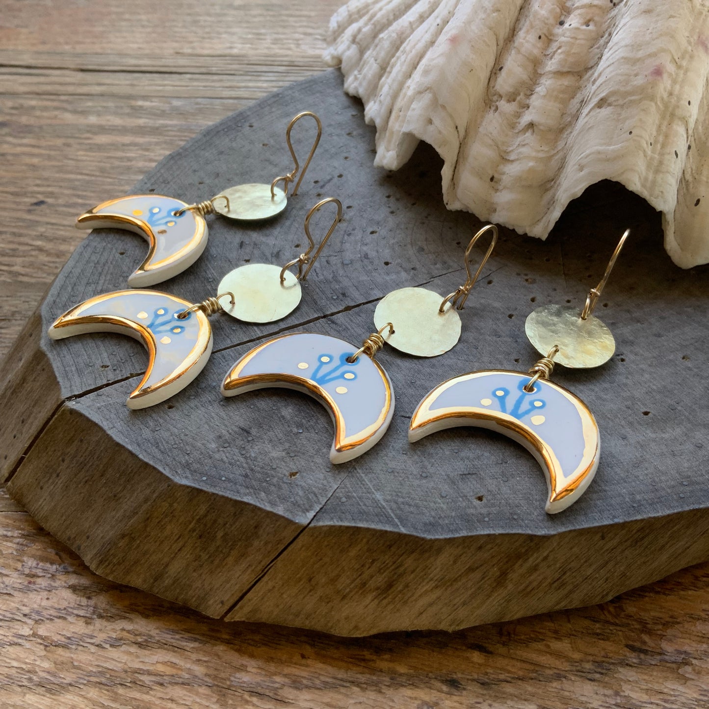 Ceramic Crescent moon and brass coin earrings